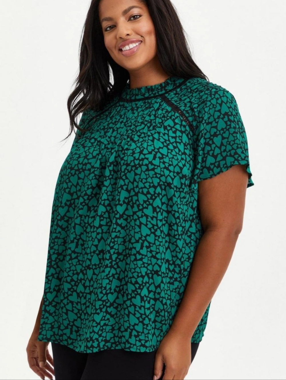 Torrid Georgette Black Green Heart Print High Neck Blouse Short Sleeve Top 3 3X
